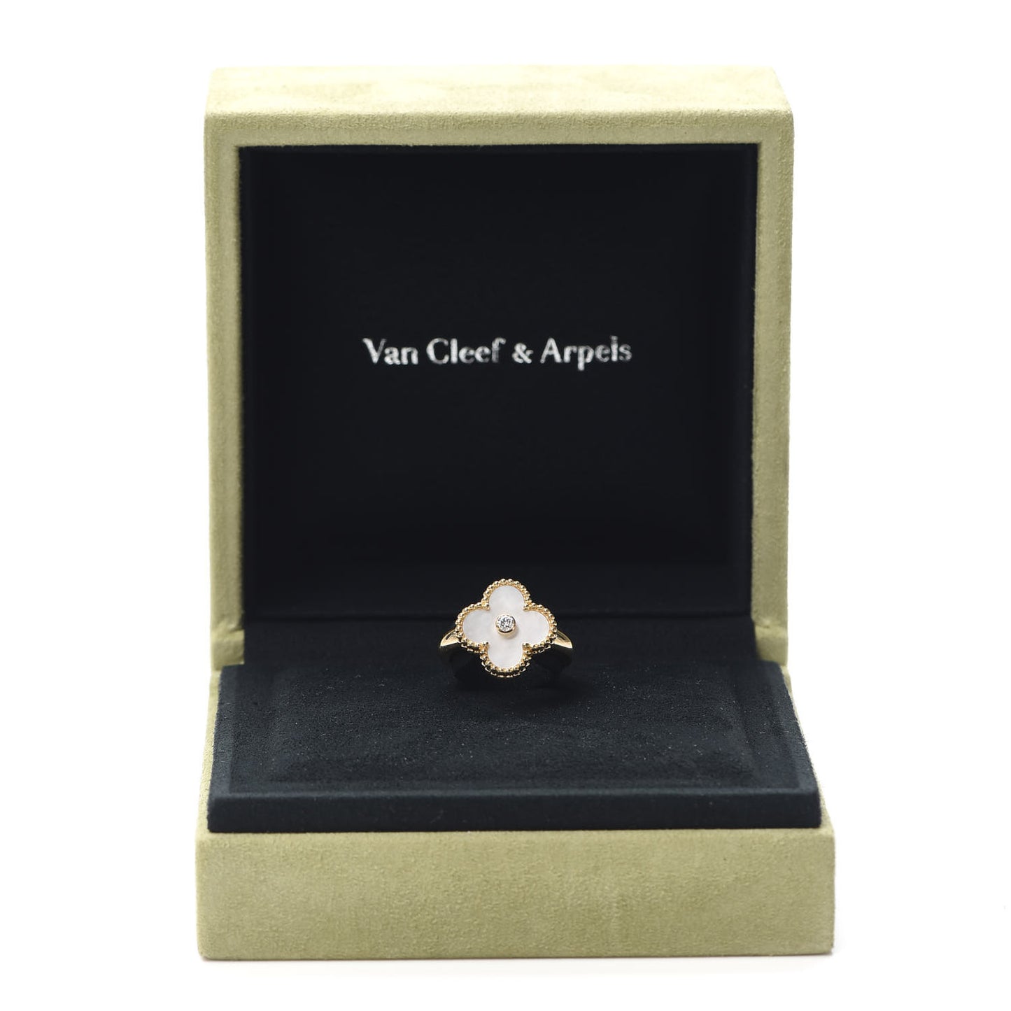 18K Yellow Gold Diamond Mother of Pearl Vintage Alhambra Ring 52 6