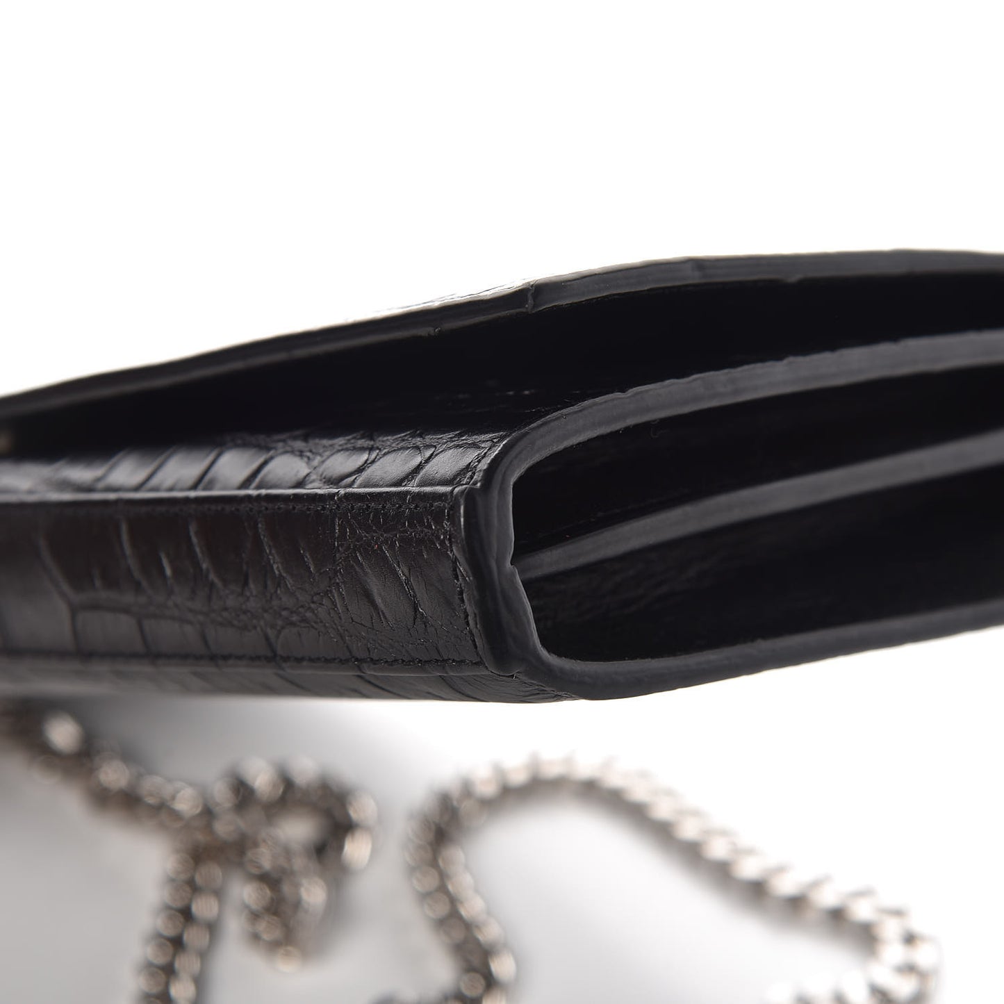 Calfskin Crocodile Embossed Monogram Chain Wallet Black