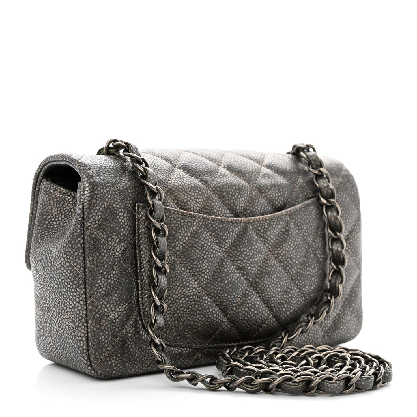 Metallic Caviar Quilted Mini Rectangular Flap Dark Silver