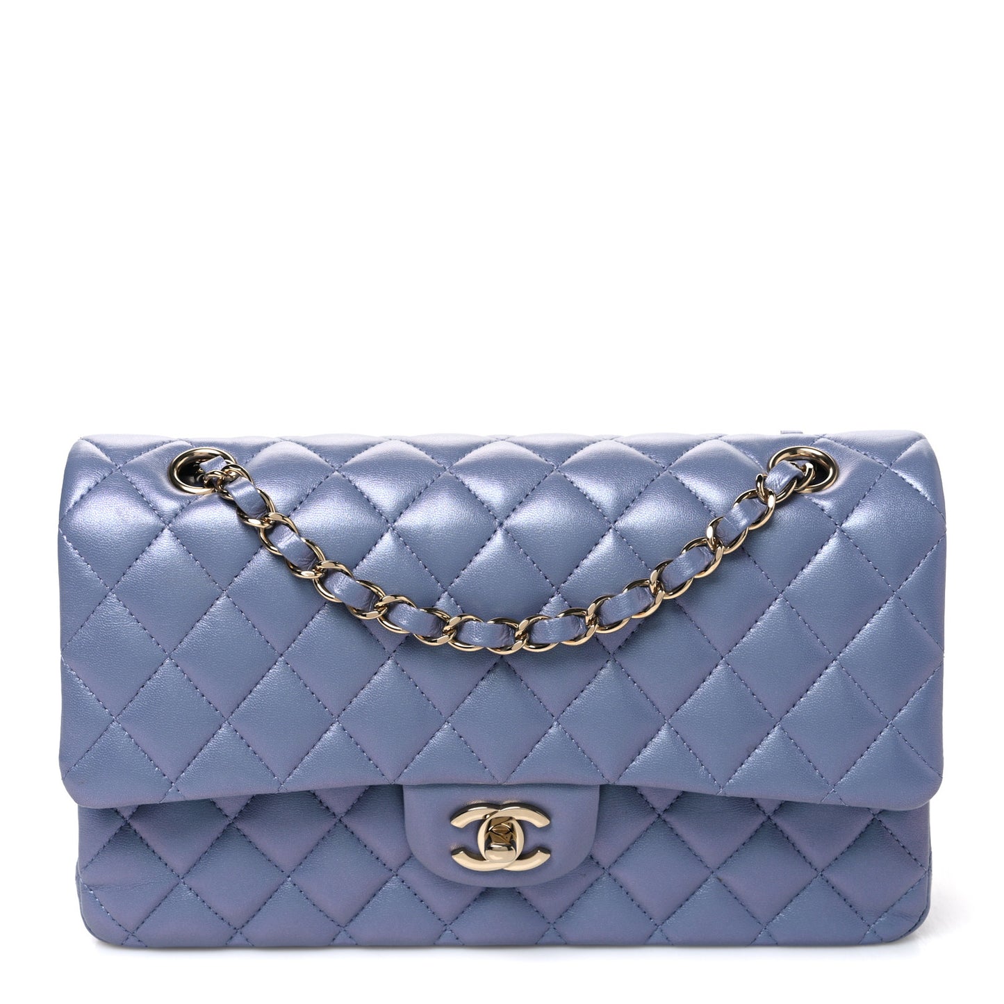 Iridescent Lambskin Quilted Medium Double Flap Light Purple