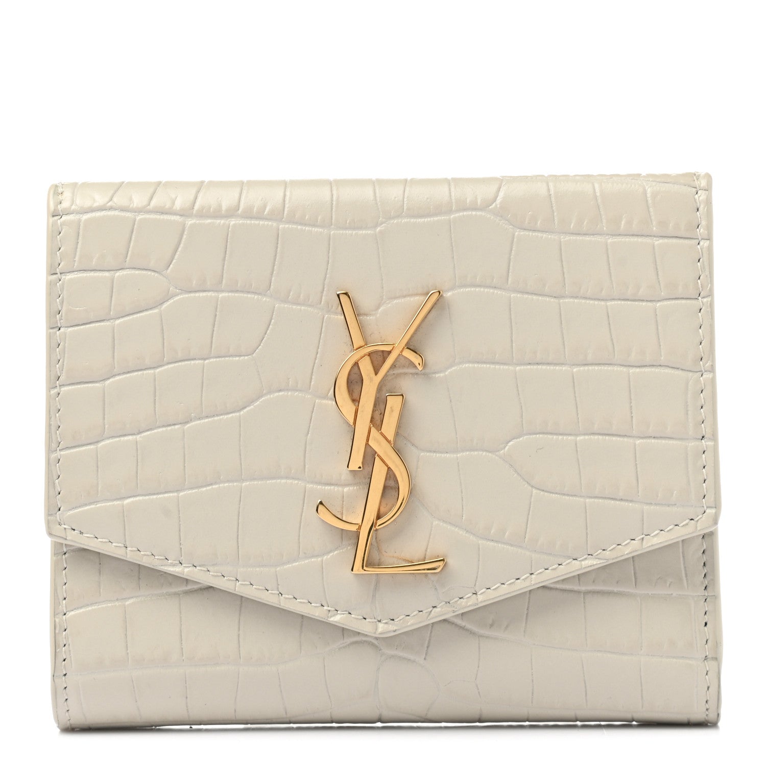 Saint Laurent Shiny Calfskin Crocodile Embossed Monogram Uptown Compact Wallet White Vintage 1 of 8