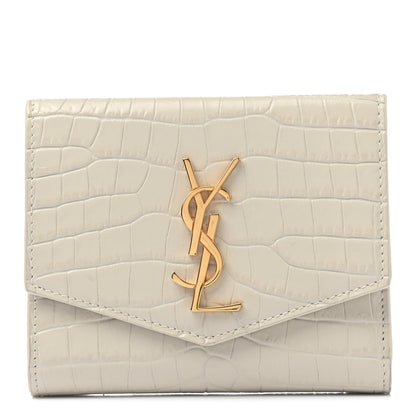 Saint Laurent Shiny Calfskin Crocodile Embossed Monogram Uptown Compact Wallet White Vintage 1 of 8