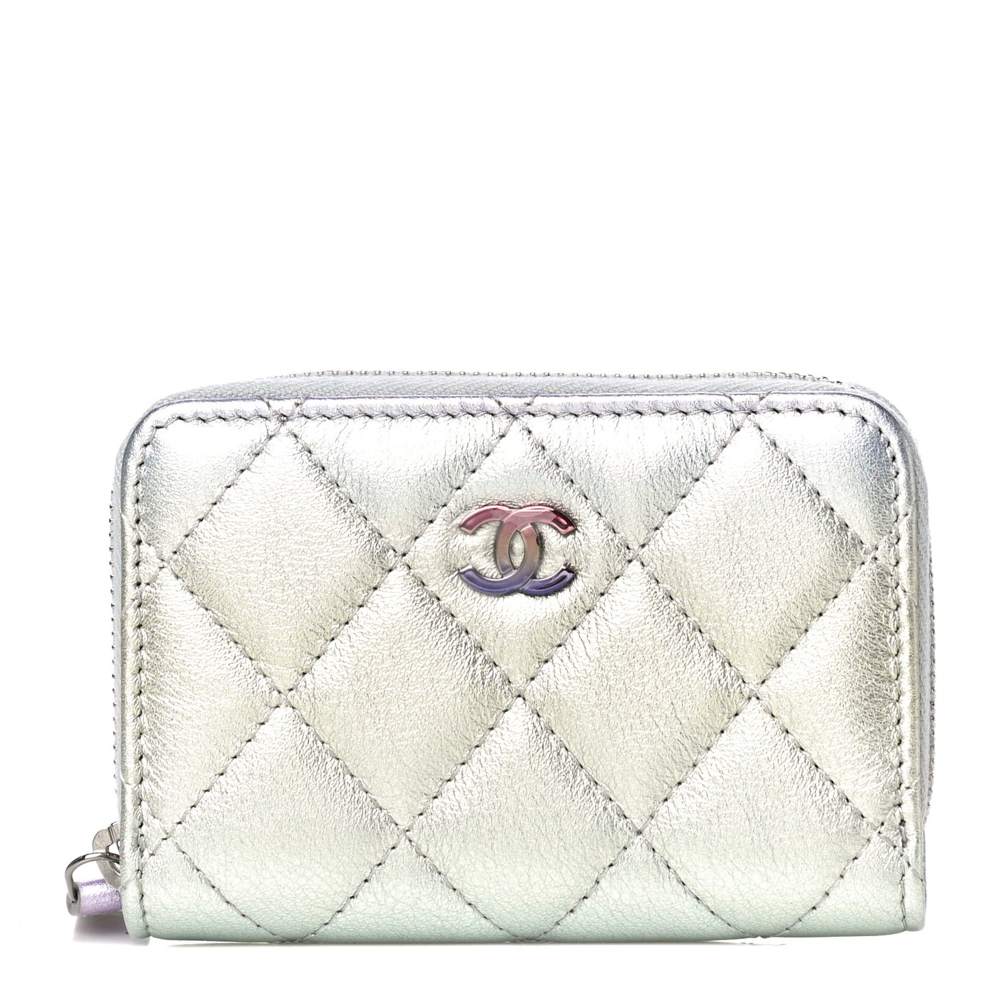 Gradient Metallic Calfskin Quilted Zip Around Coin Purse Wallet Silver Blue Yellow Purple