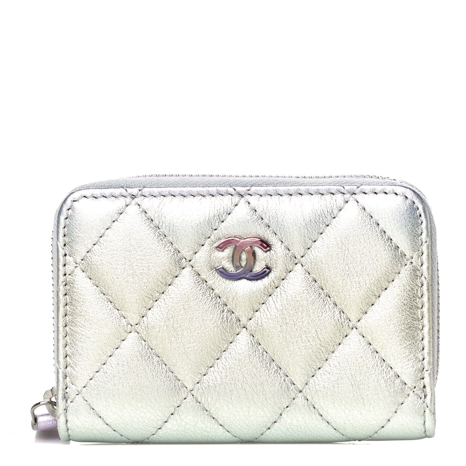 Chanel Gradient Metallic Calfskin Quilted Zip Around Coin Purse Wallet Silver Blue Yellow Purple 1 of 13