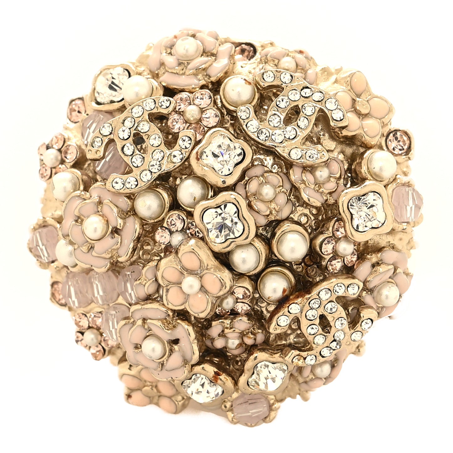 Pearl Crystal Camellia CC Ring 52 6 Gold Pink