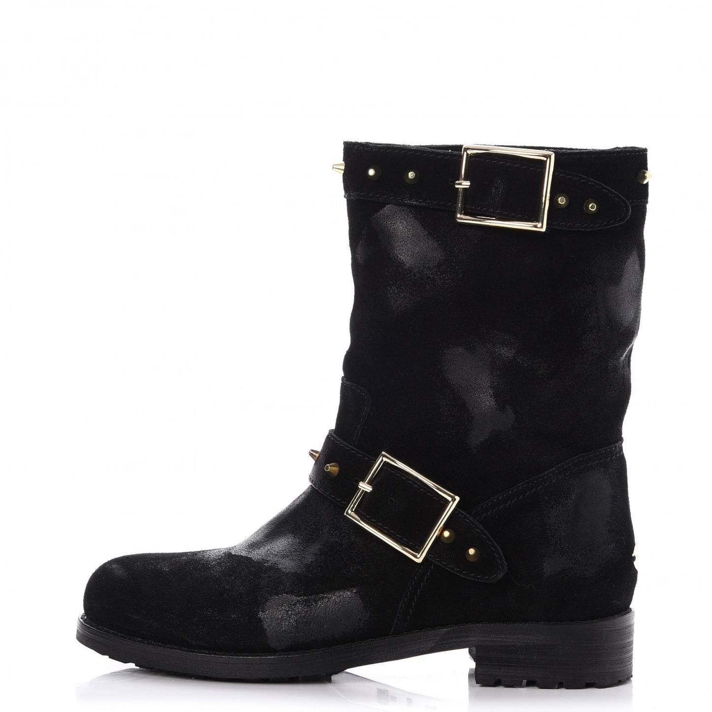 Distressed Waxed Leather Studded Biker Moto Boot 38 Black