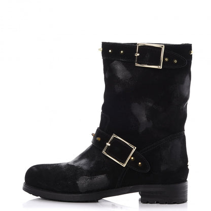 Jimmy Choo Distressed Waxed Leather Studded Biker Moto Boot 38 Black 1 of 9