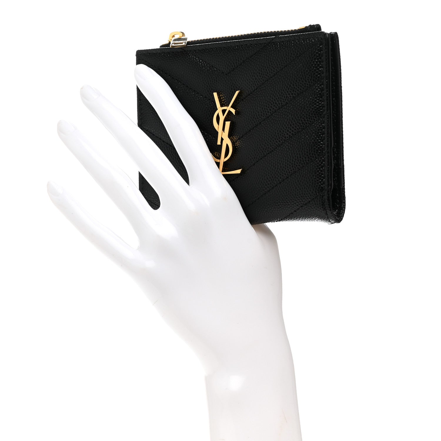 Saint Laurent Grain De Poudre Matelasse Chevron Monogram Zipped Card Case Black 2 of 9