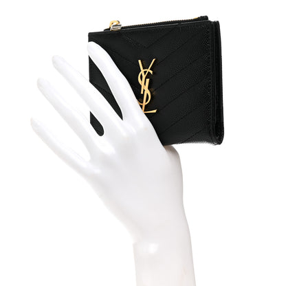 Saint Laurent Grain De Poudre Matelasse Chevron Monogram Zipped Card Case Black 2 of 9