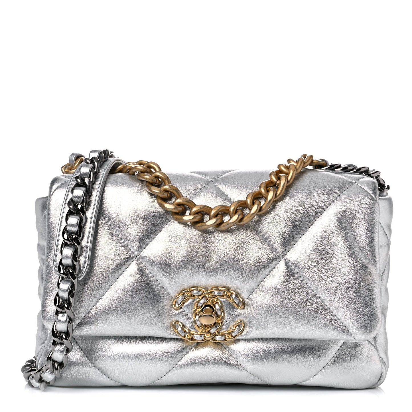 Metallic Goatskin Quilted Medium Chanel 19 Flap Silver