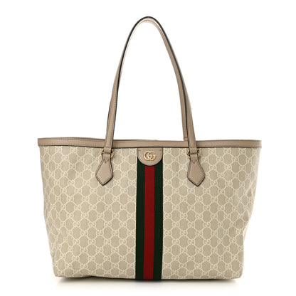 Gucci GG Supreme Monogram Textured Dollar Calfskin Web Medium Ophidia Shopping Tote Beige Mystic White Oatmeal 1 of 11