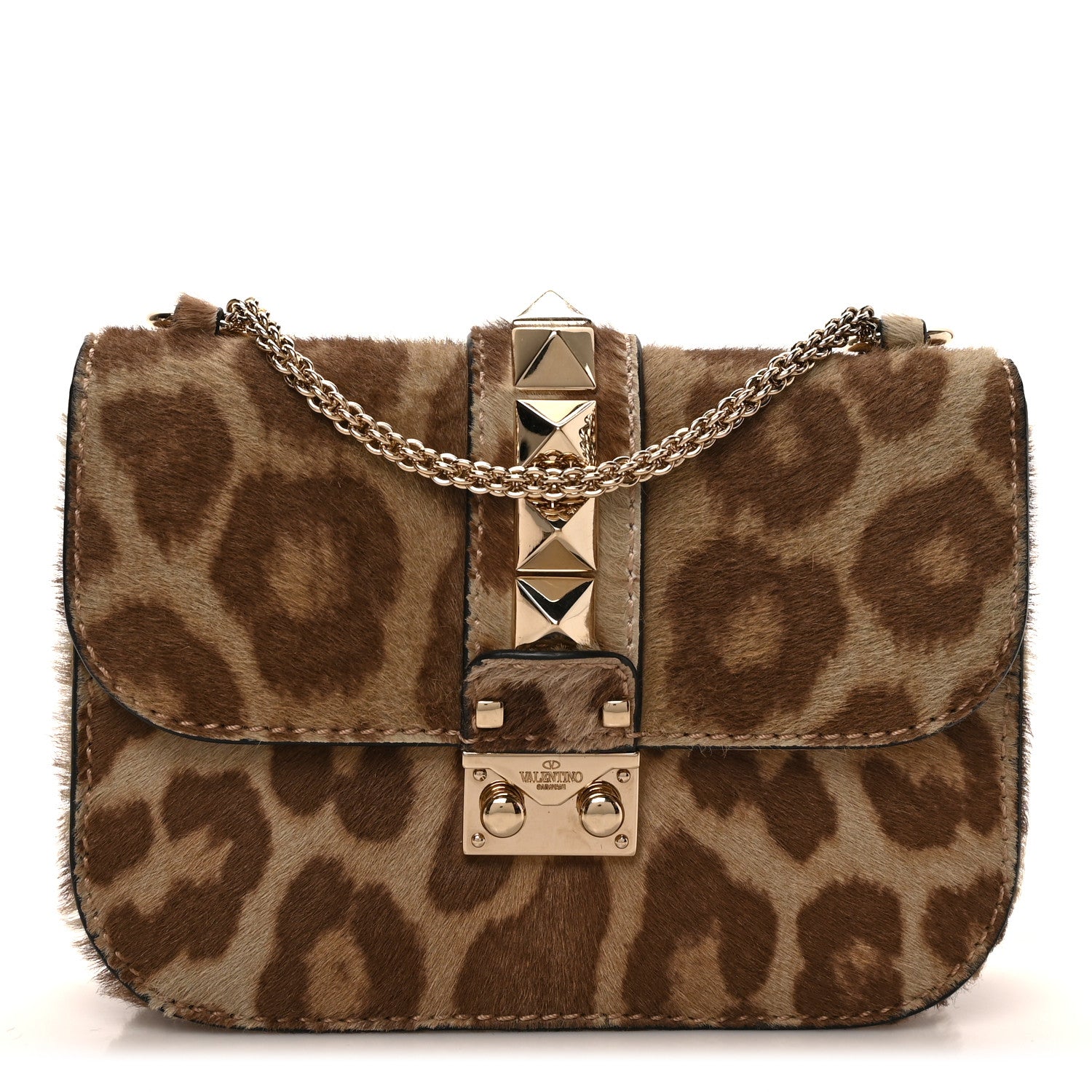 Valentino Garavani Calf Hair Leopard Print Small Glam Lock Rockstud Flap Blush 1 of 8