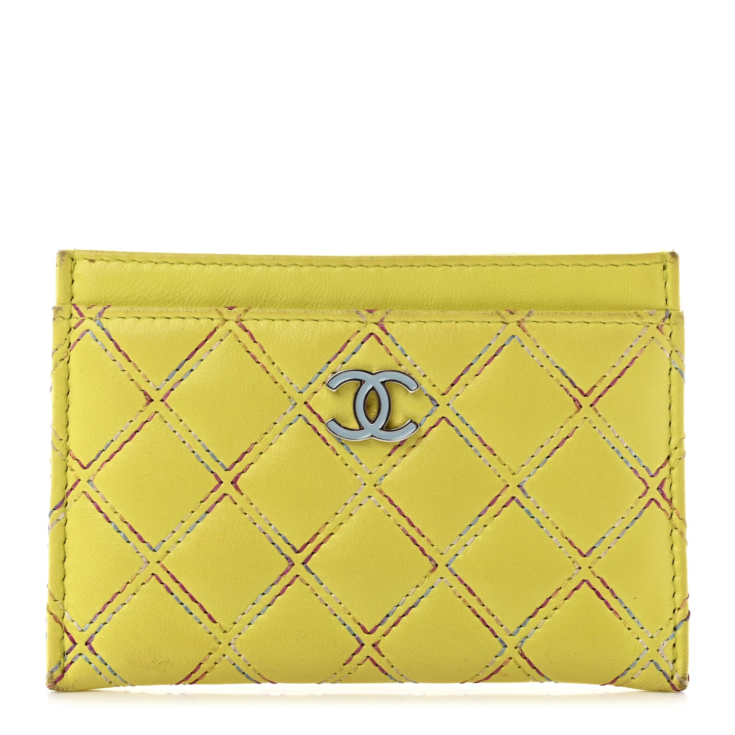 Lambskin Double Stitch Quilted Card Holder Light Green Light Blue