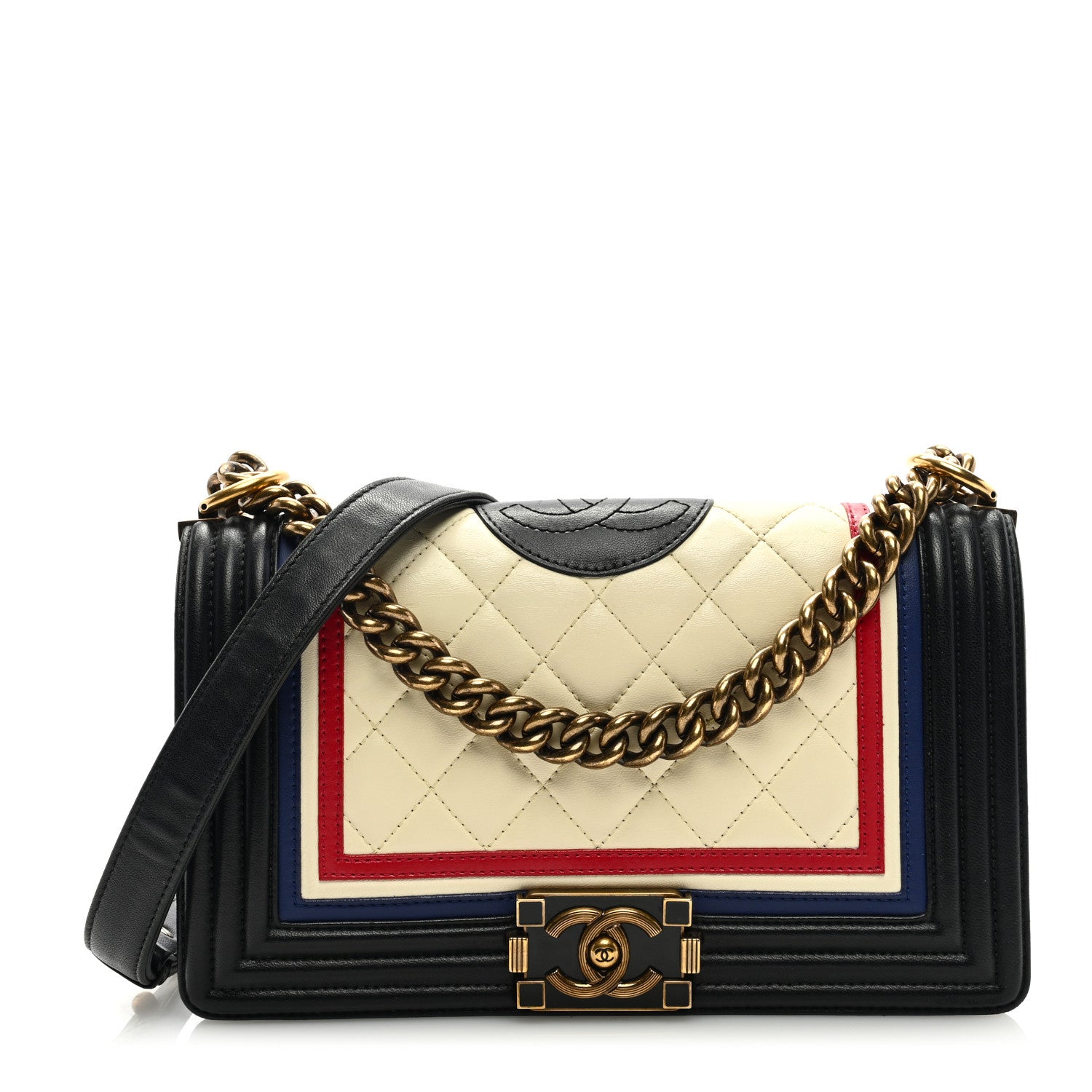 Chanel Lambskin Quilted Crest Embellished Medium Boy Flap Black White Blue 1 of 9