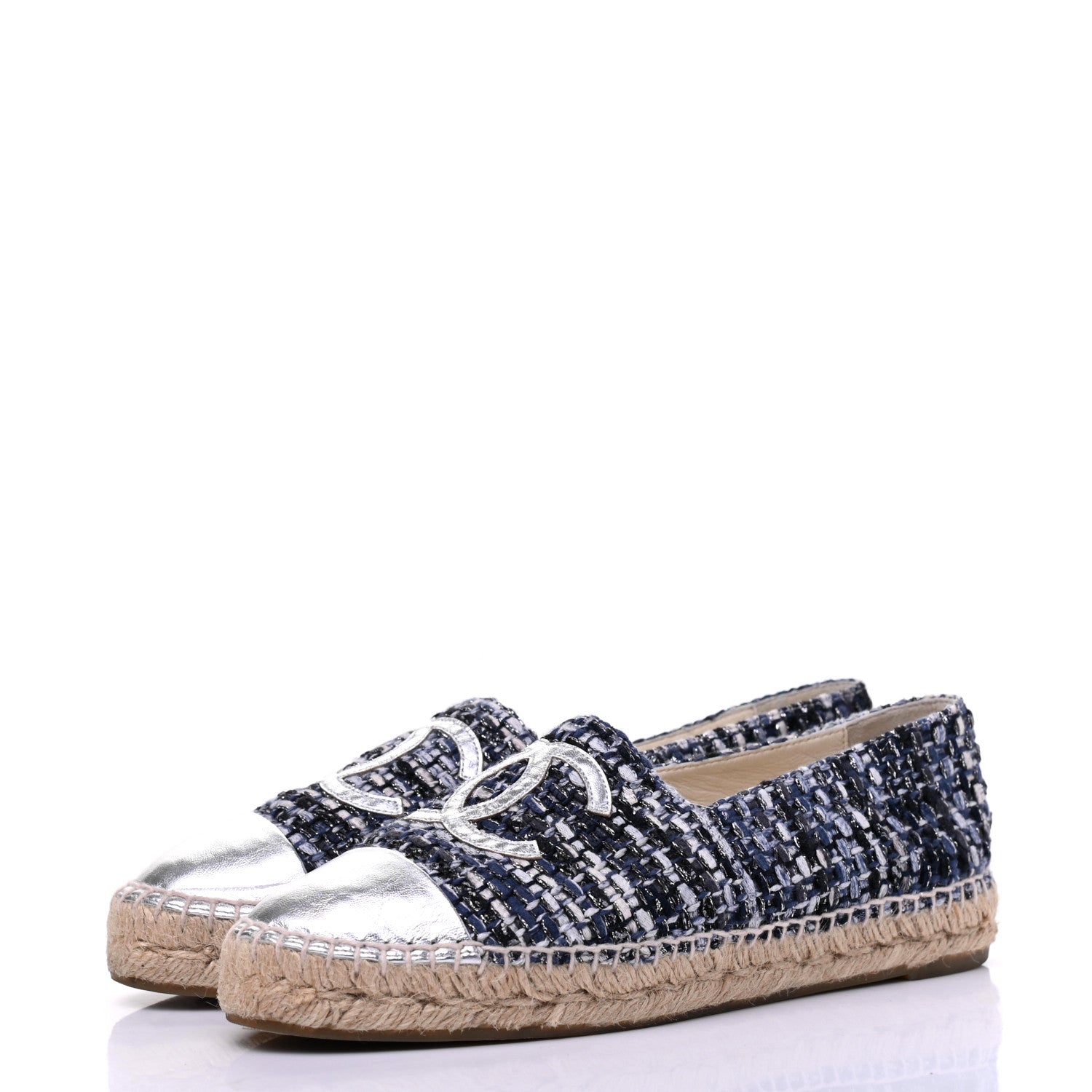 Chanel Metallic Tweed Lambskin CC Espadrilles 39 Blue Black Silver 3 of 12
