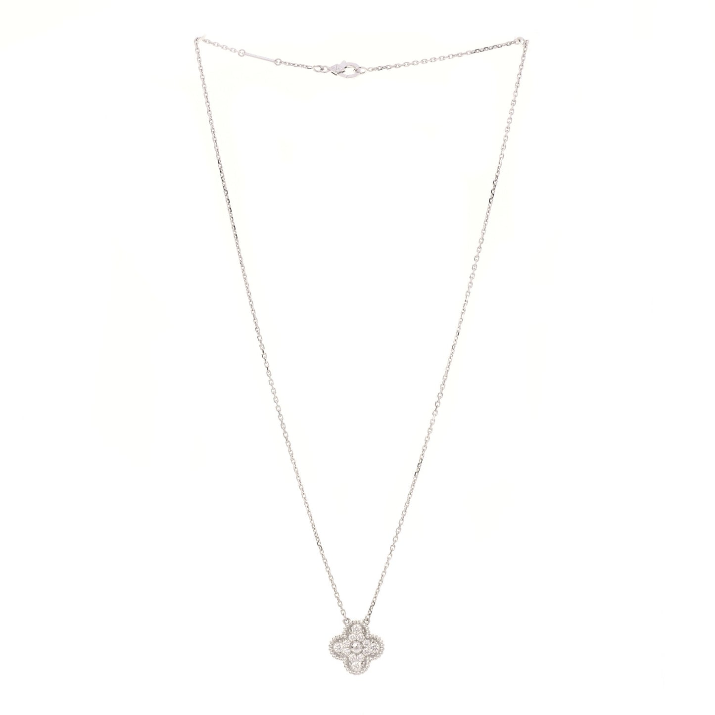 18K White Gold Diamond Vintage Alhambra Pendant Necklace