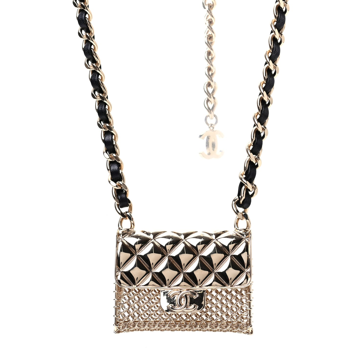 Metal Lambskin Chain Micro Bag Necklace Gold Black