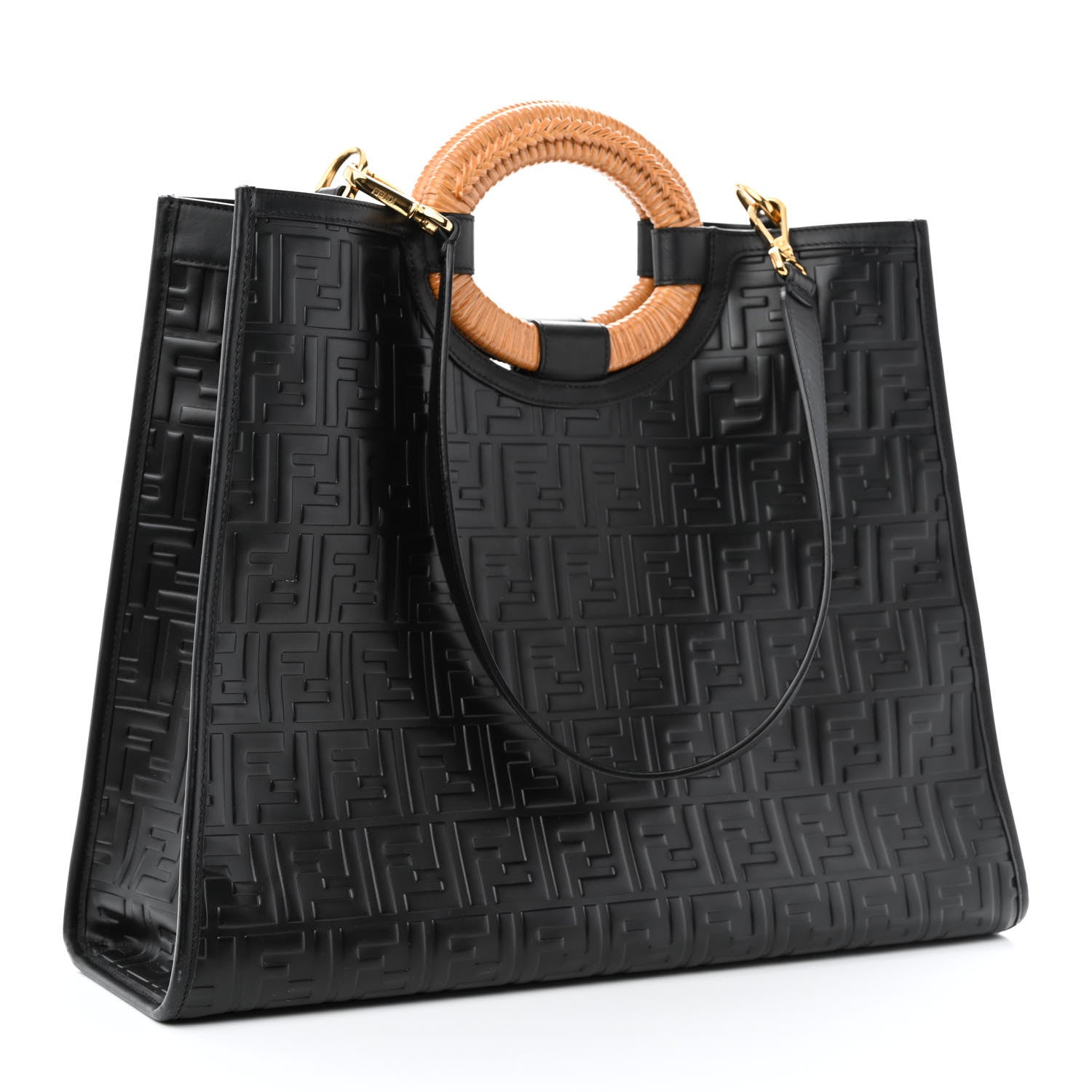 Fendi Vitello Century Wicker FF 1974 Embossed Medium Runaway Shopper Tote Black 3 of 10