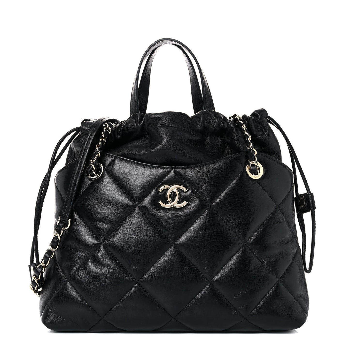 Lambskin Quilted Small Drawstring Shopping Bag Black