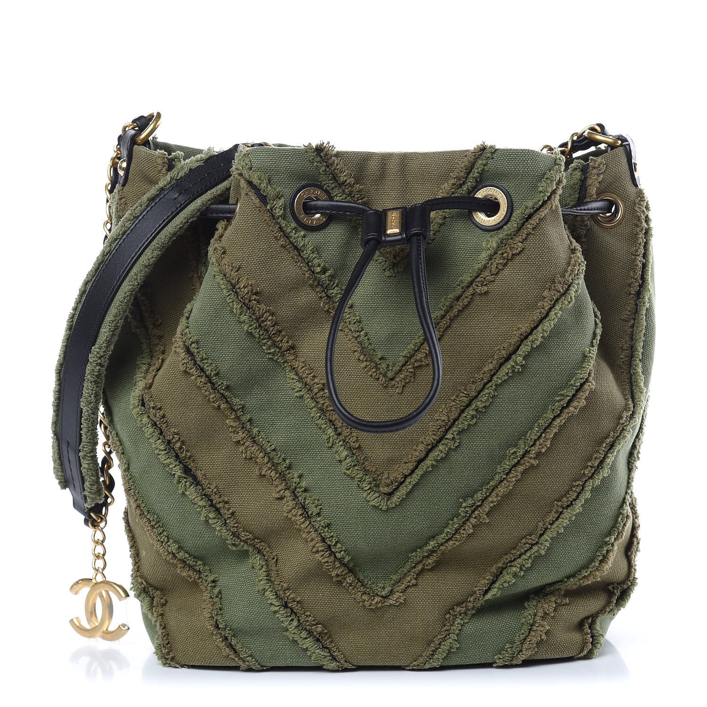 Canvas Chevron Cuba Patchwork Bucket Bag Khaki