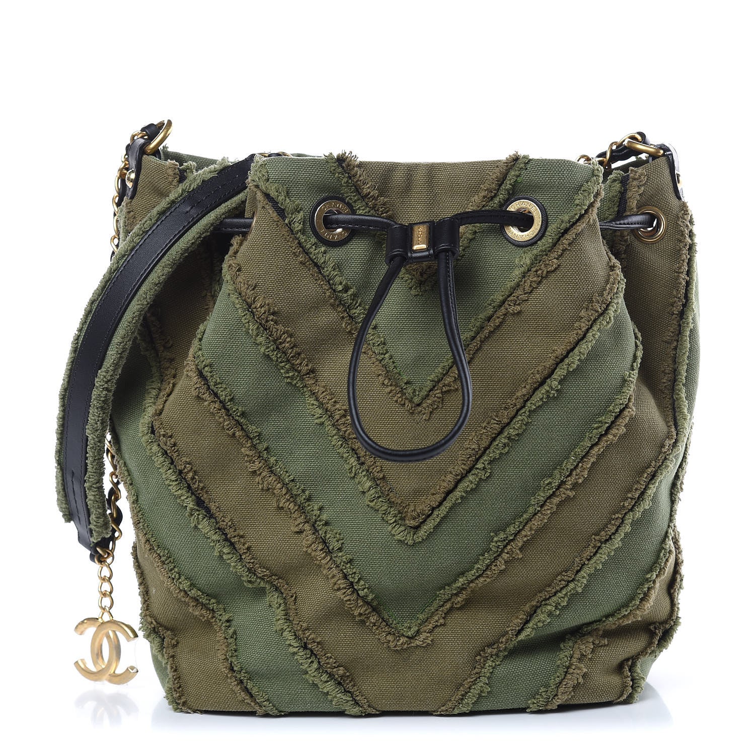 Chanel Canvas Chevron Cuba Patchwork Bucket Bag Khaki 1 of 9