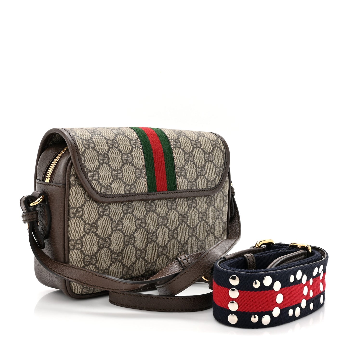 GG Supreme Monogram Textured Dollar Calfskin Web Studded Mini Ophidia Flap Shoulder Bag Beige Ebony New Acero