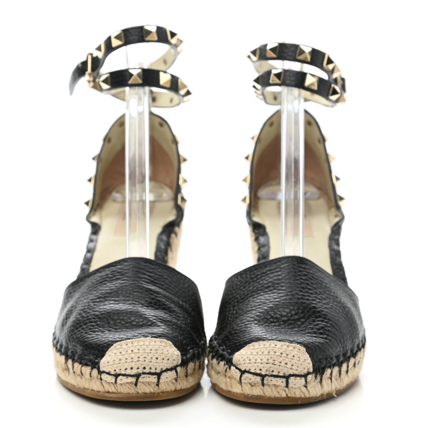 Grained Calfskin Rockstud Ankle Wrap Espadrille 15/85mm Wedges 38 Black Light Ivory