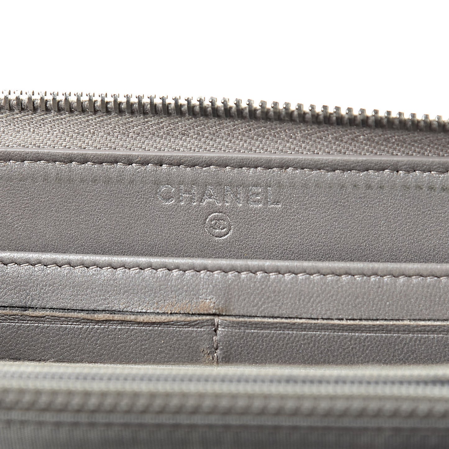 Calfskin Resin Stitched Zip Around Wallet Grey