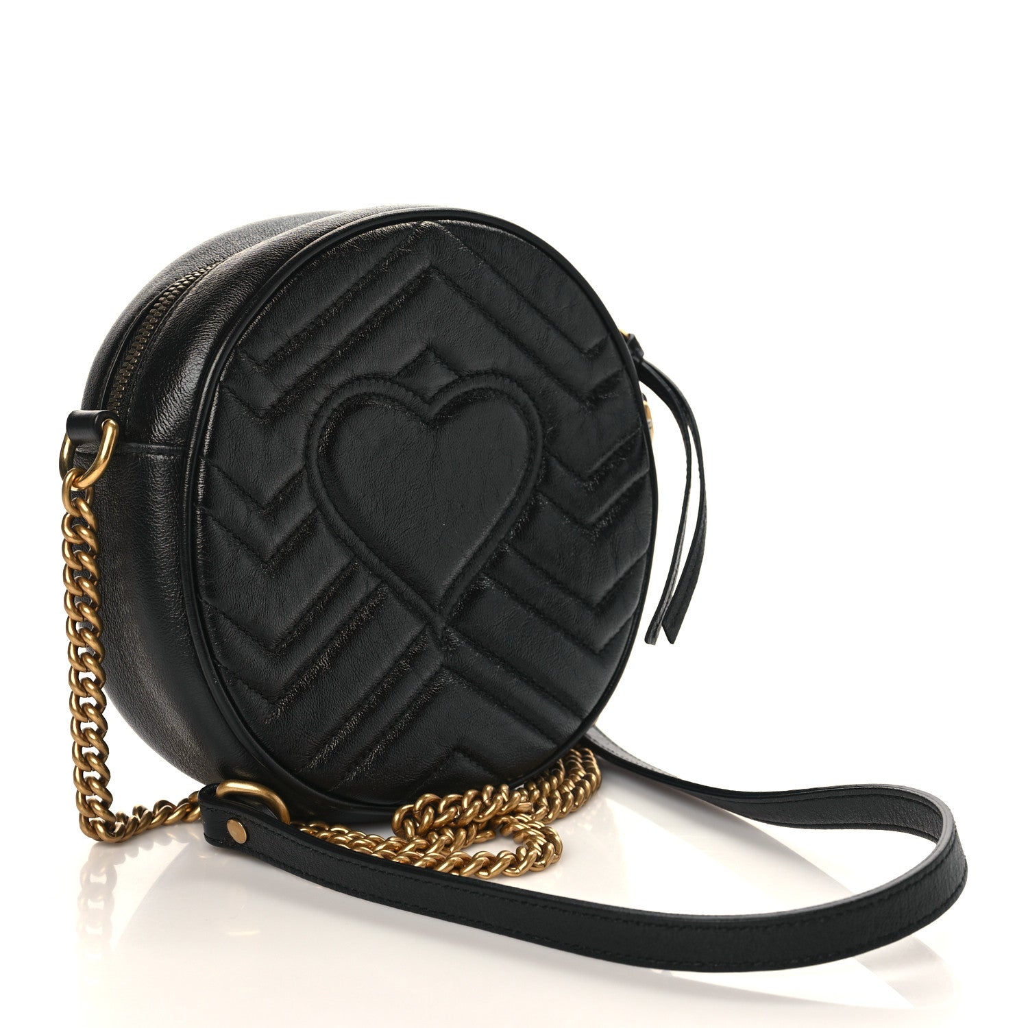 Gucci Azalea Calfskin Matelasse Heart Mini GG Marmont Round Shoulder Bag Black 3 of 9
