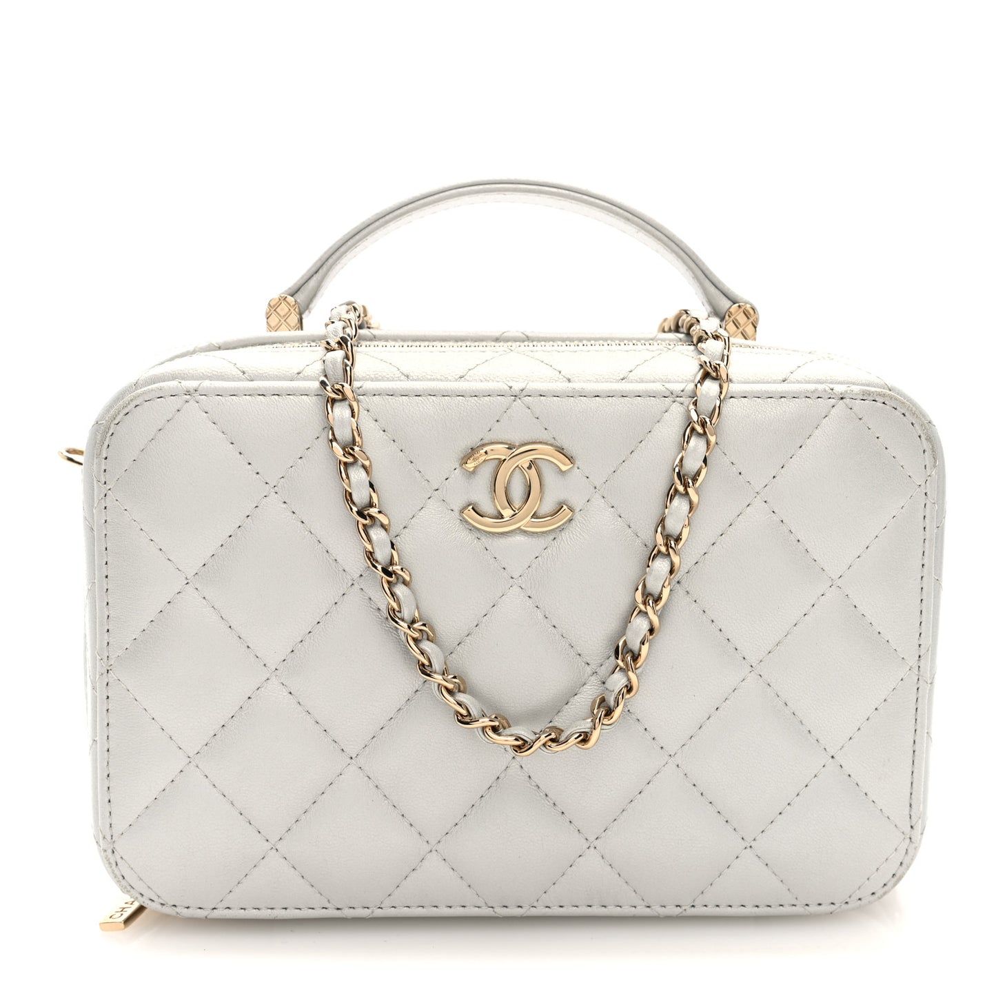 Metallic Lambskin Quilted Top Handle Vanity Case Silver
