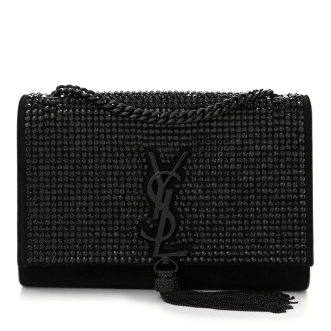 Calfskin Crystal Studded Small Classic Monogram Kate Tassel Satchel Black