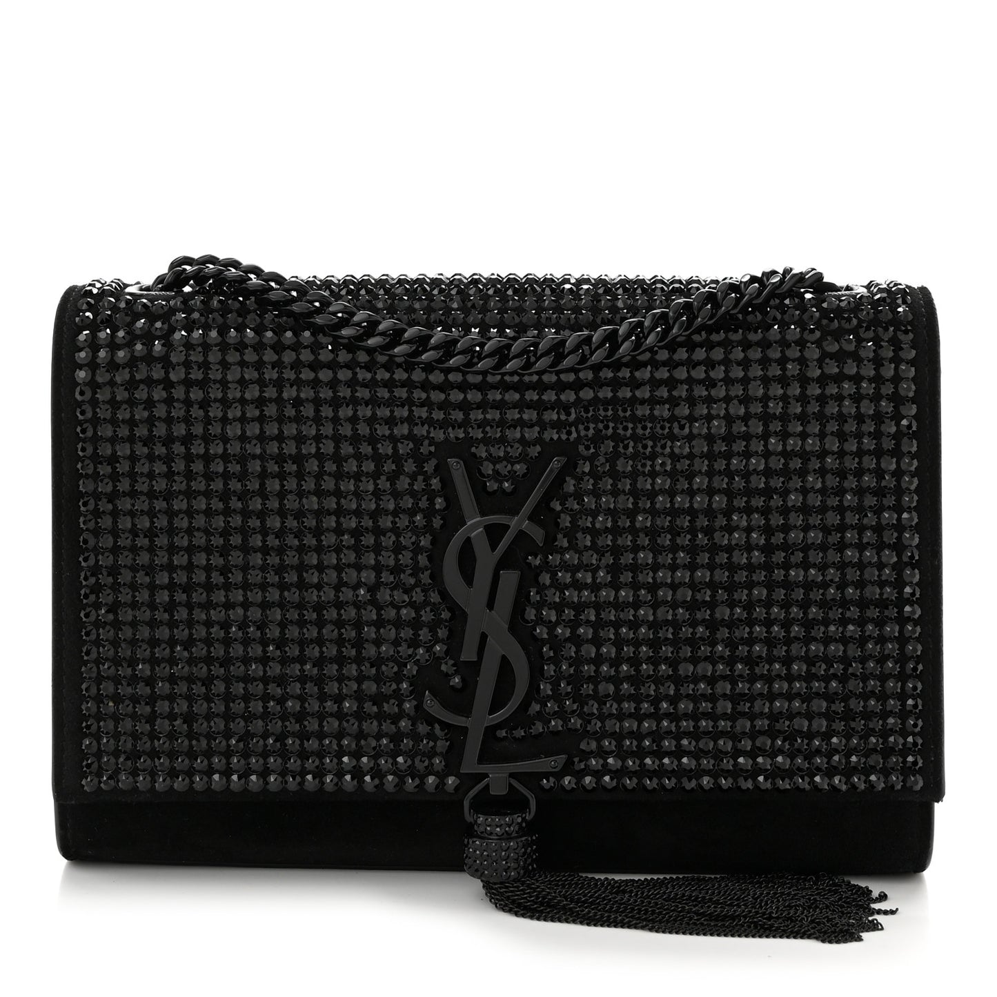 Calfskin Crystal Studded Small Classic Monogram Kate Tassel Satchel Black