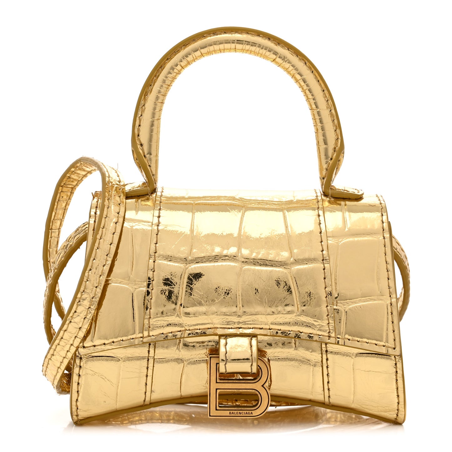 Metallic Calfskin Crocodile Embossed Hourglass Top Handle Bag Mini Gold