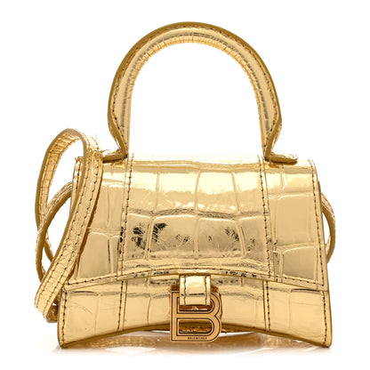 Balenciaga Metallic Calfskin Crocodile Embossed Hourglass Top Handle Bag Mini Gold 1 of 13