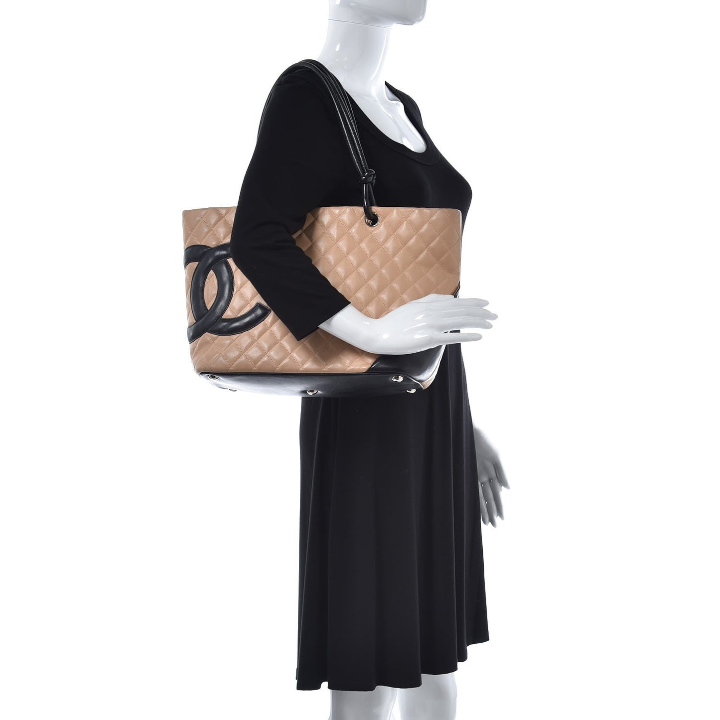 Calfskin Quilted Large Cambon Tote Beige Black