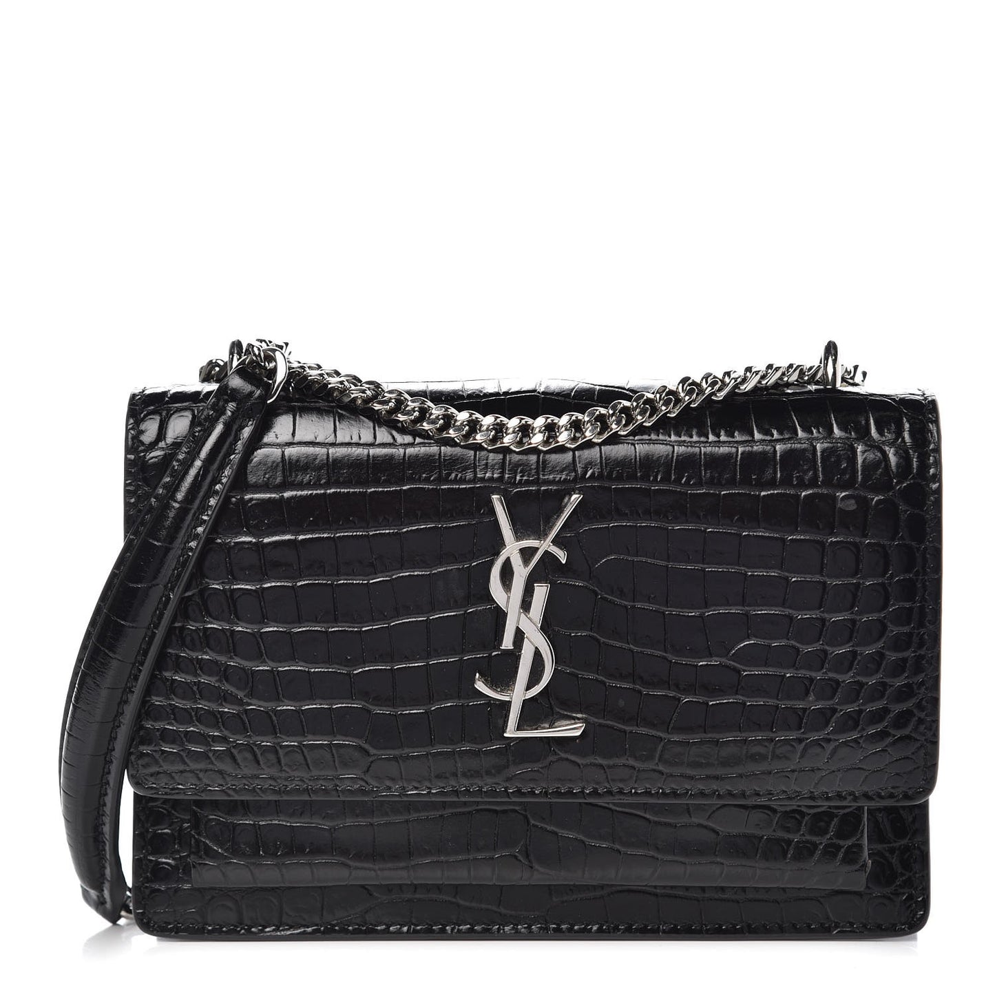 Calfskin Crocodile Embossed Monogram Sunset Chain Wallet Black