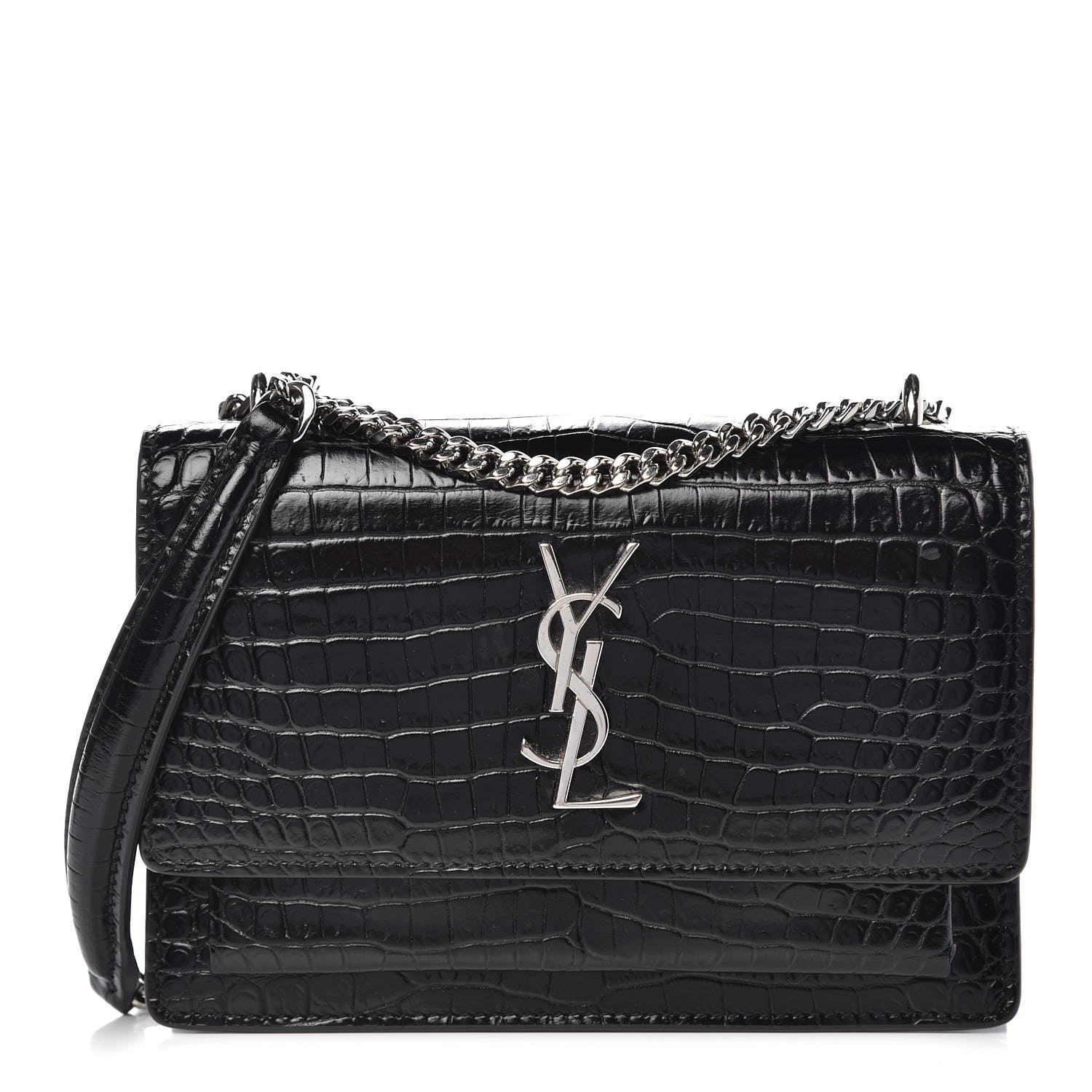 Saint Laurent Calfskin Crocodile Embossed Monogram Sunset Chain Wallet Black 1 of 7