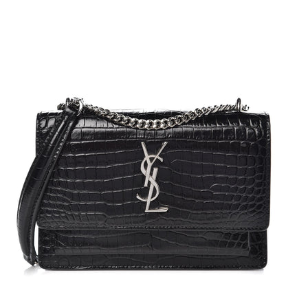 Saint Laurent Calfskin Crocodile Embossed Monogram Sunset Chain Wallet Black 1 of 7