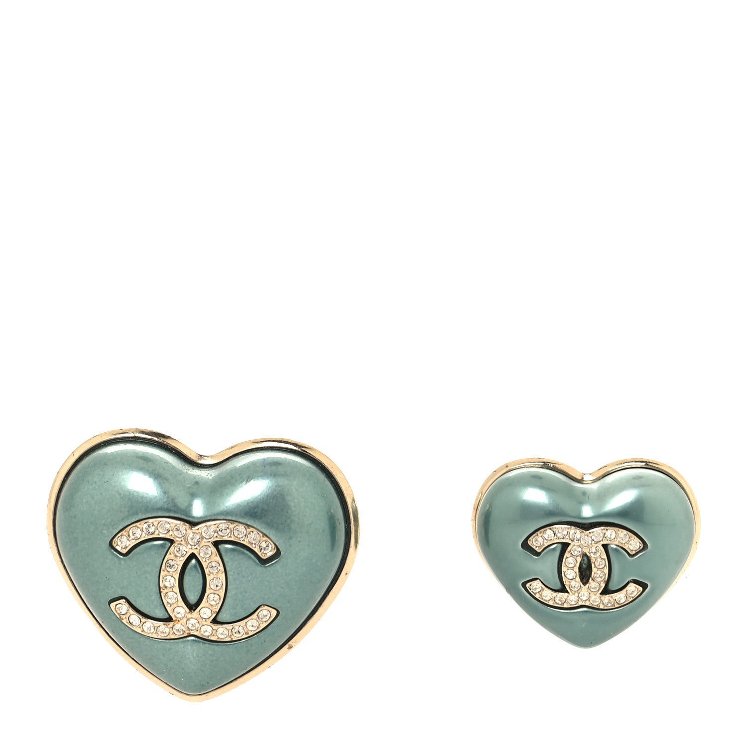 Chanel Resin Crystal CC Heart Brooch Set Blue Gold 1 of 4