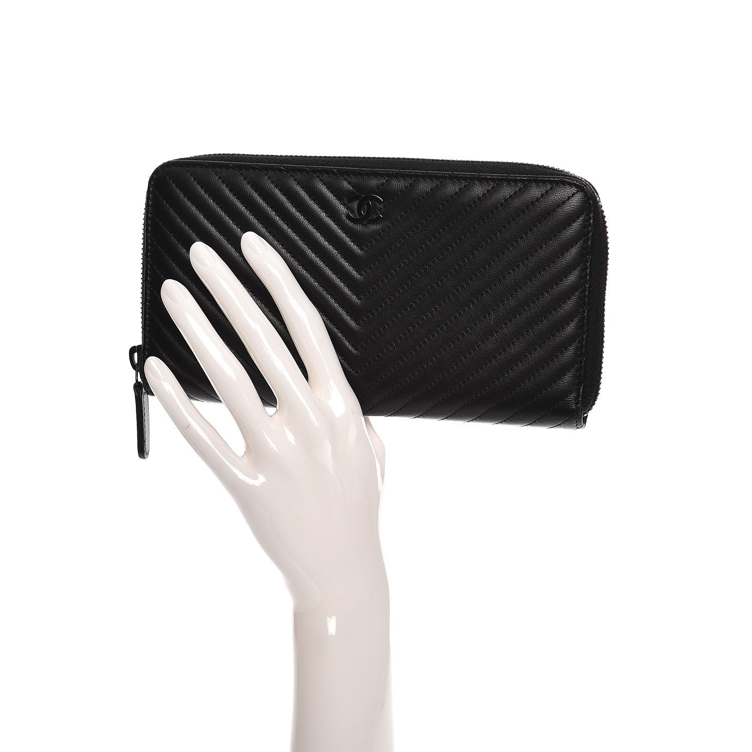 Chanel Lambskin Chevron Quilted Zip Around Wallet So Black 2 of 9