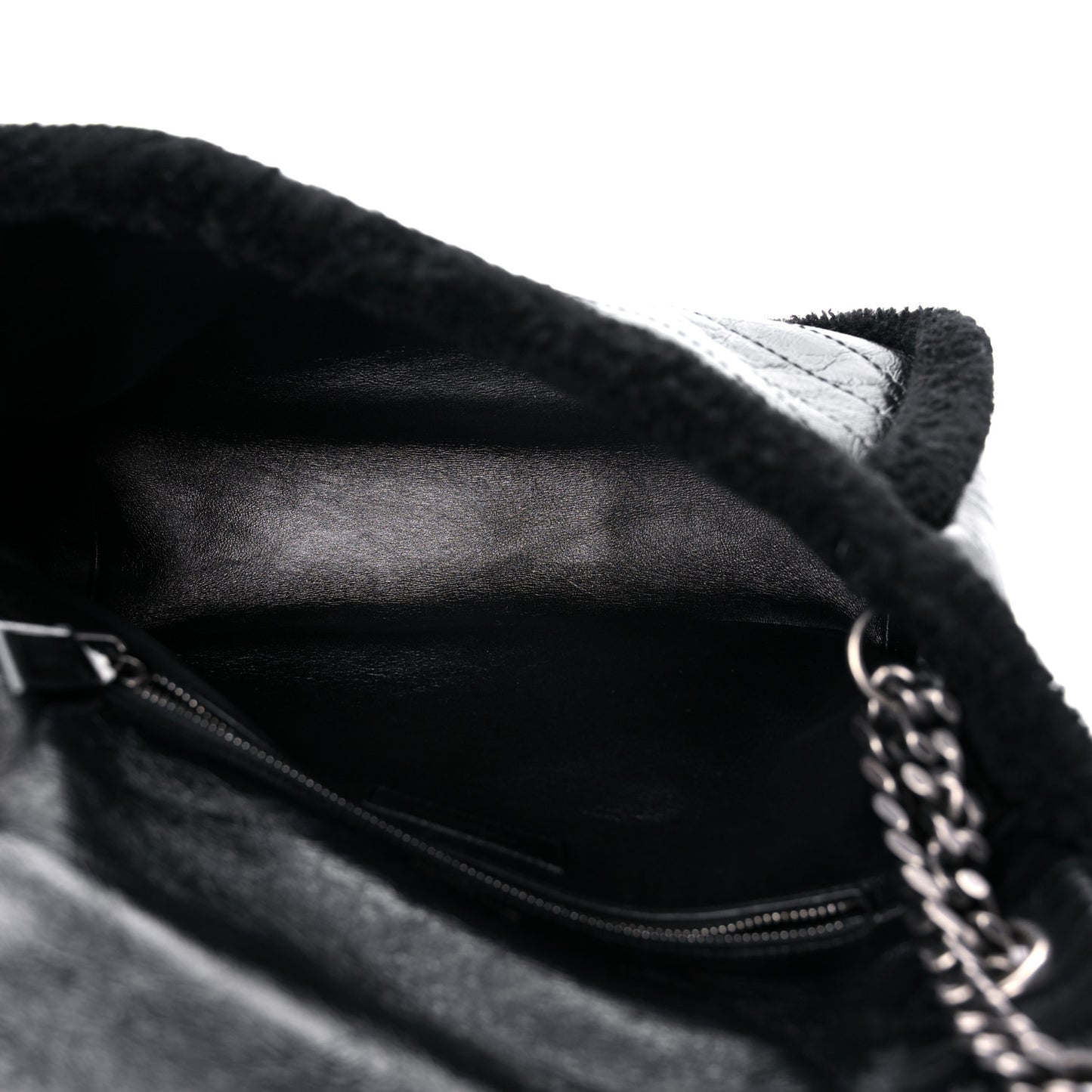 Crinkled Calfskin Shearling Monogram Medium Niki Chain Satchel Black