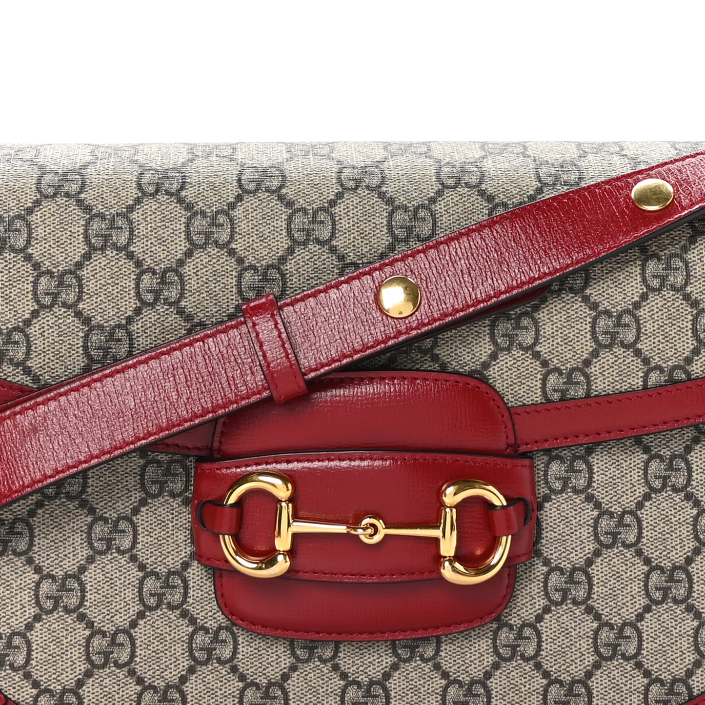 GG Supreme Monogram Azalea Calfskin Horsebit 1955 Shoulder Bag Beige Ebony New Cherry Red