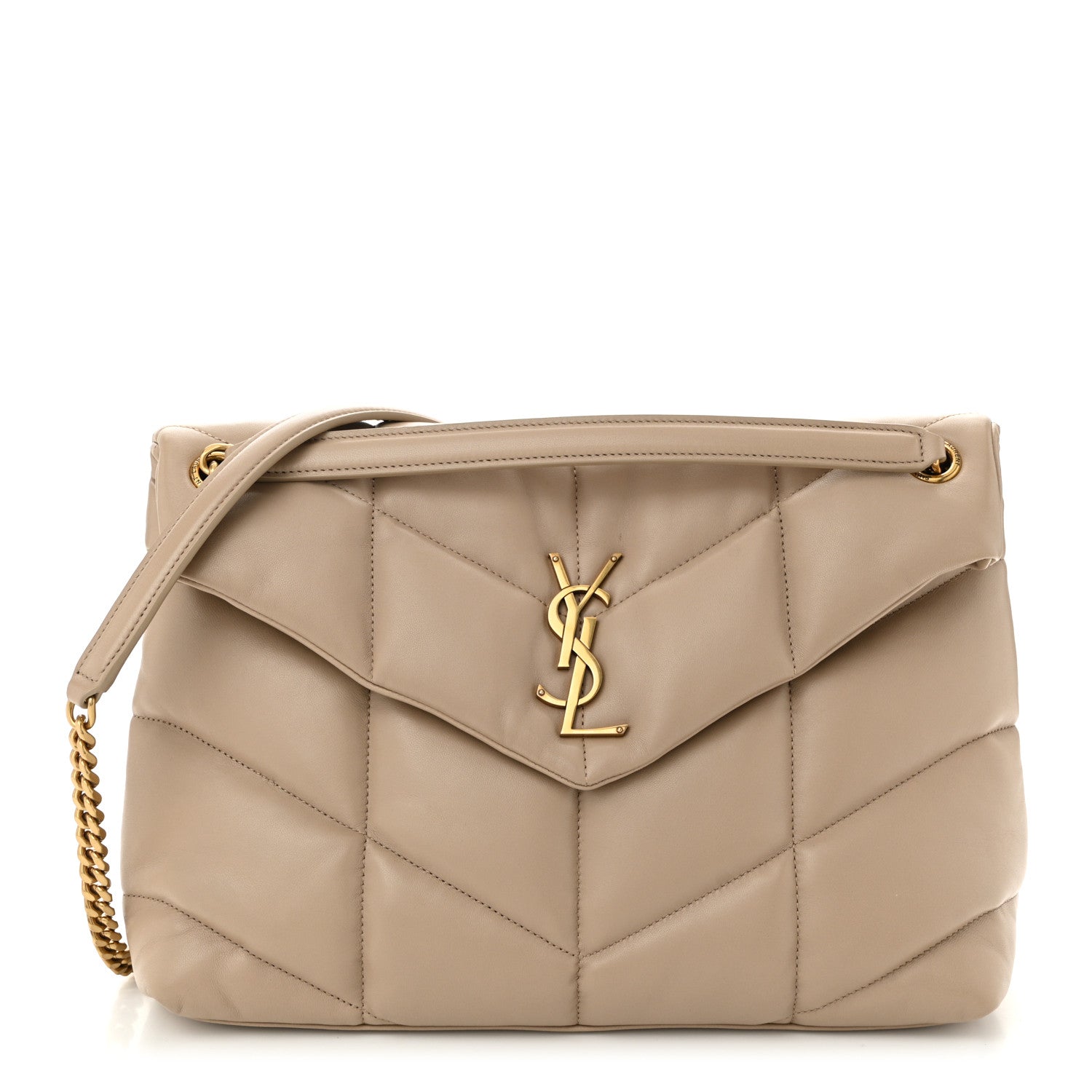 Saint Laurent Lambskin Quilted Medium Loulou Puffer Monogram Chain Satchel Dark Beige 1 of 11