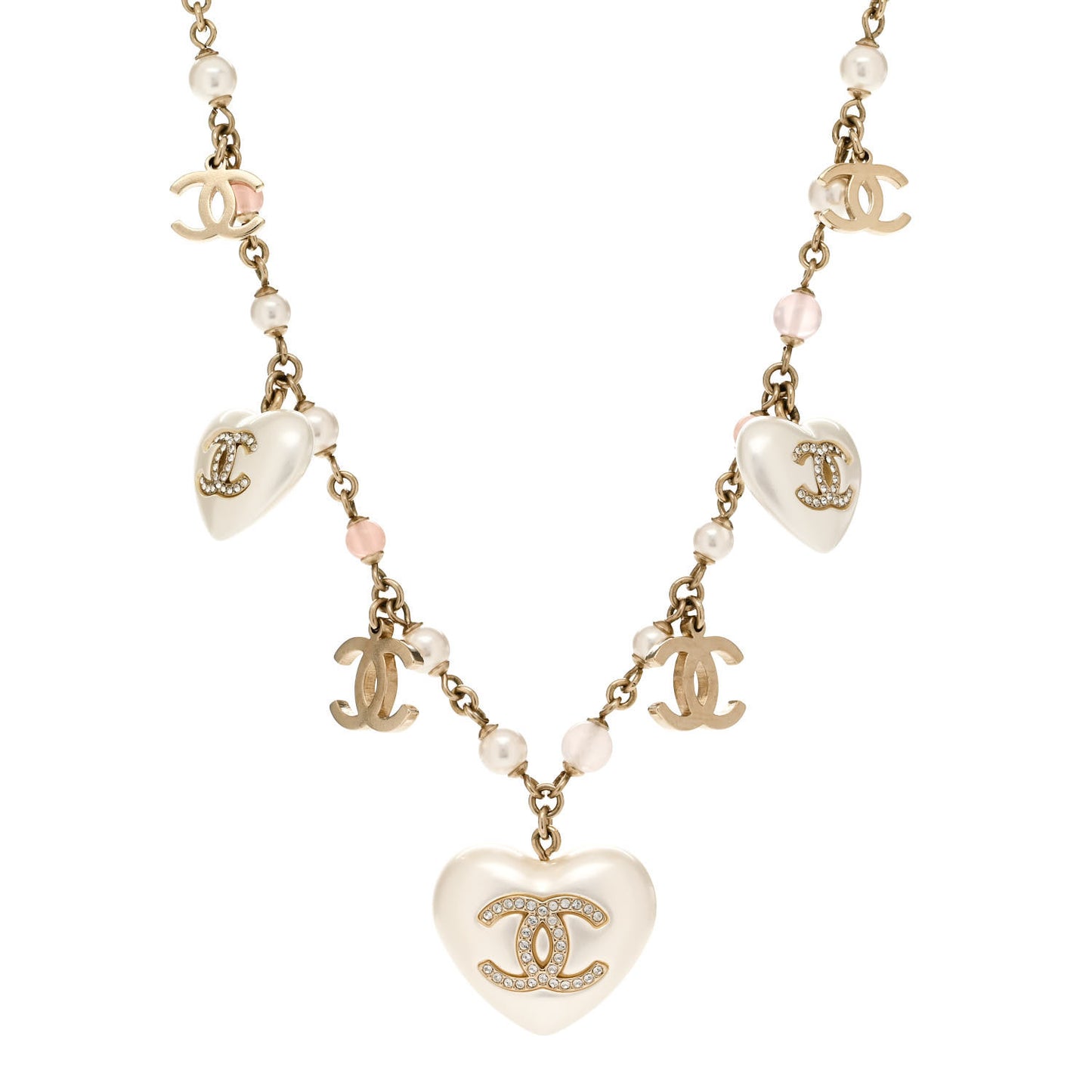 Pearl Crystal CC Heart Necklace Pearly White Gold