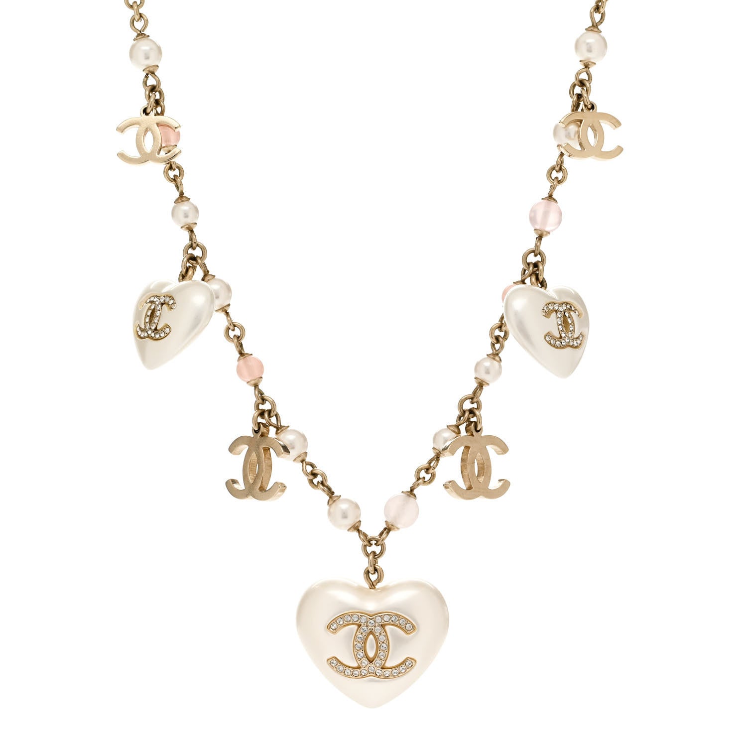 Chanel Pearl Crystal CC Heart Necklace Pearly White Gold 1 of 6