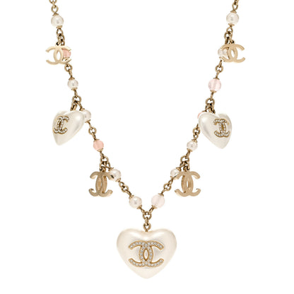 Chanel Pearl Crystal CC Heart Necklace Pearly White Gold 1 of 6