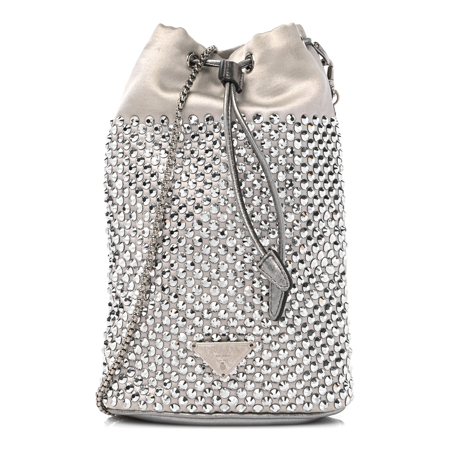 Satin Crystal Drawstring Pouch Crossbody Silver