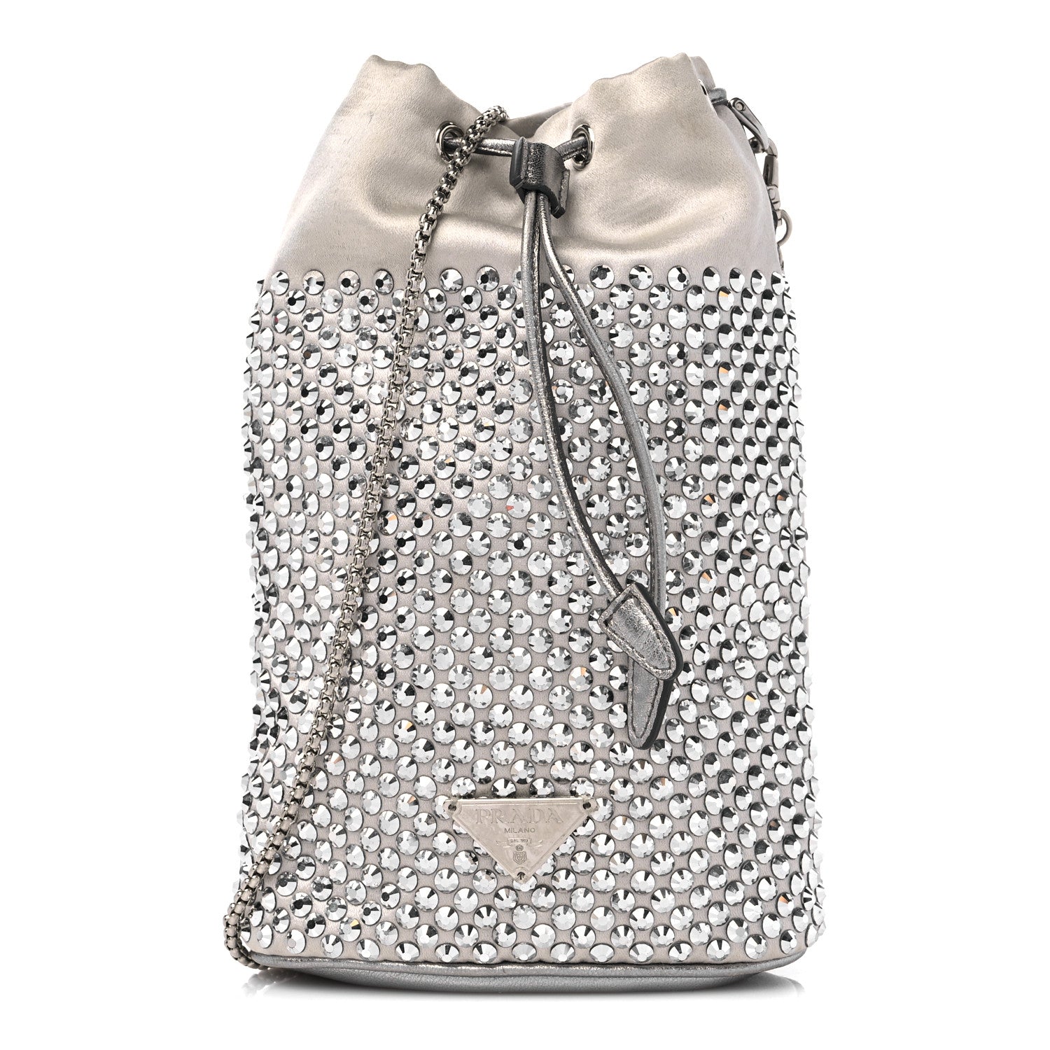 Prada Satin Crystal Drawstring Pouch Crossbody Silver 1 of 11