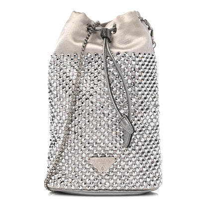 Prada Satin Crystal Drawstring Pouch Crossbody Silver 1 of 11