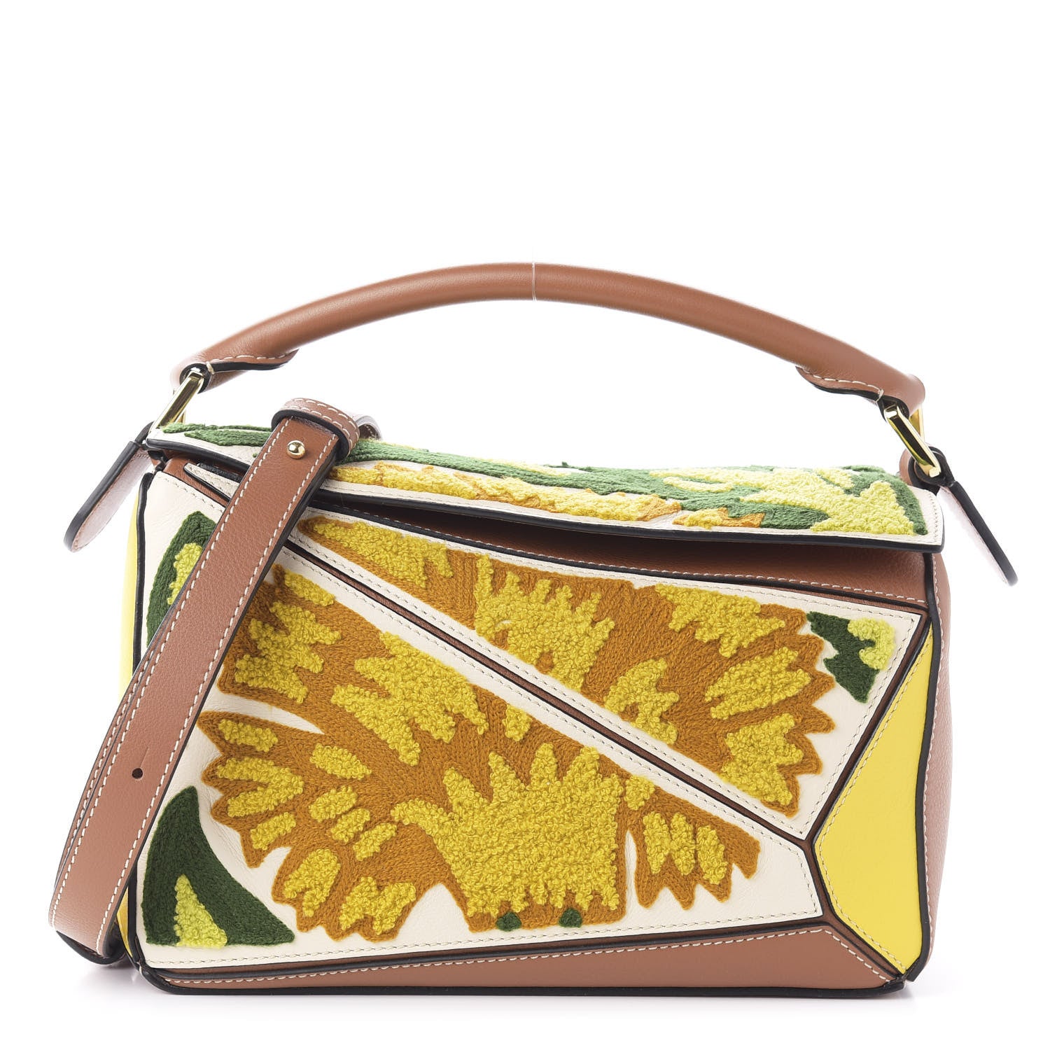 Loewe Calfskin Embroidered Floral Small Puzzle Bag Tan Yellow 1 of 10